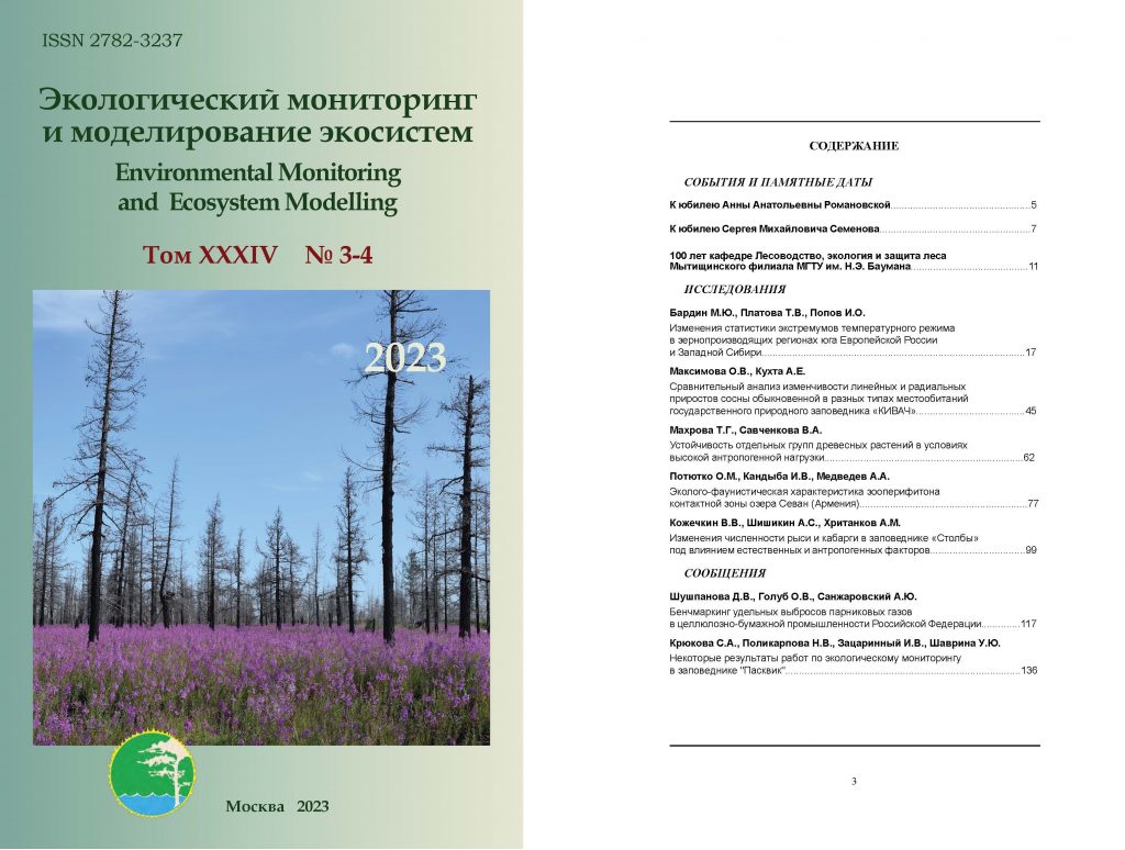 Вышел в свет новый выпуск журнала “Экологический мониторинг и моделирование экосистем” (том XХXIV, № 3-4, 2023 г.)